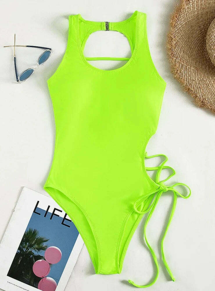 Y2K Fashion: Sexy Hollow Lace-Up One Piece Bikini - Coquette Aesthetic Beachwear Y2K Fashion: Sexy Hollow Lace-Up One Piece Bikini - Coquette Aesthetic Beachwear