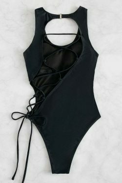 Y2K Fashion: Sexy Hollow Lace-Up One Piece Bikini - Coquette Aesthetic Beachwear
