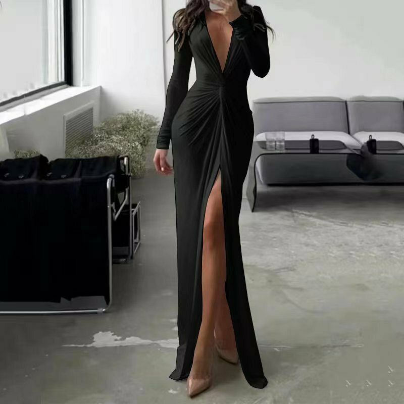 Y2K Fashion Sexy Slit V-Neck Bodycon Dress - Coquette Aesthetic Grunge Style Pleated Dress Y2K Fashion Sexy Slit V-Neck Bodycon Dress - Coquette Aesthetic Grunge Style Pleated Dress