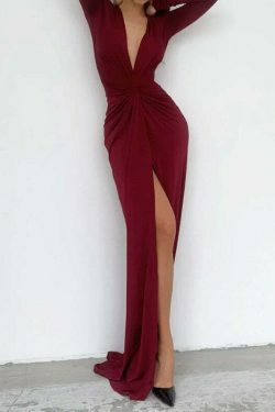 Y2K Fashion Sexy Slit V-Neck Bodycon Dress - Coquette Aesthetic Grunge Style Pleated Dress
