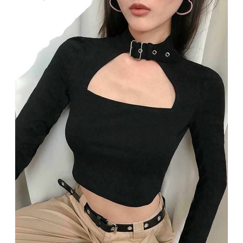 Y2K Fashion Short Sleeve Buckled Crop Top with Cutout Detail Y2K Fashion Short Sleeve Buckled Crop Top with Cutout Detail