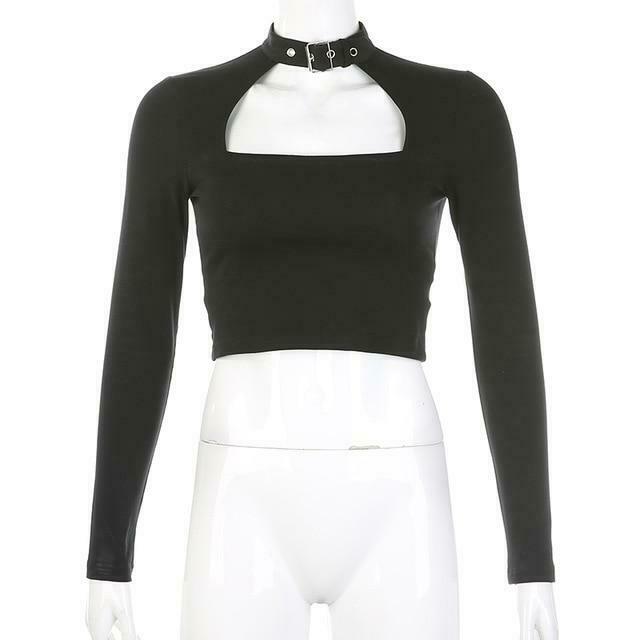 Y2K Fashion Short Sleeve Buckled Crop Top with Cutout Detail Y2K Fashion Short Sleeve Buckled Crop Top with Cutout Detail