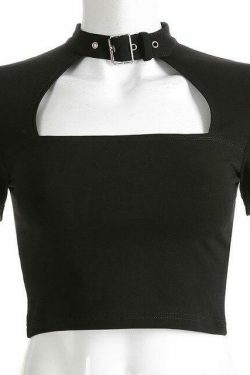Y2K Fashion Short Sleeve Buckled Crop Top with Cutout Detail