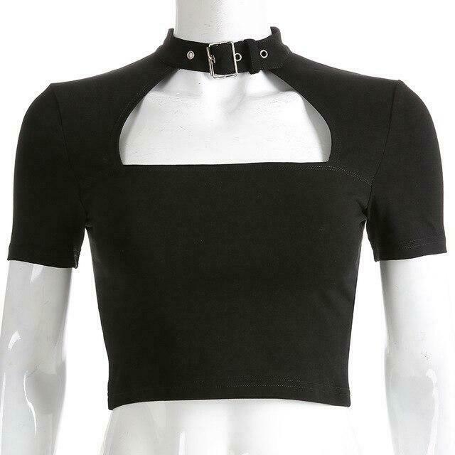 Y2K Fashion Short Sleeve Buckled Crop Top with Cutout Detail Y2K Fashion Short Sleeve Buckled Crop Top with Cutout Detail