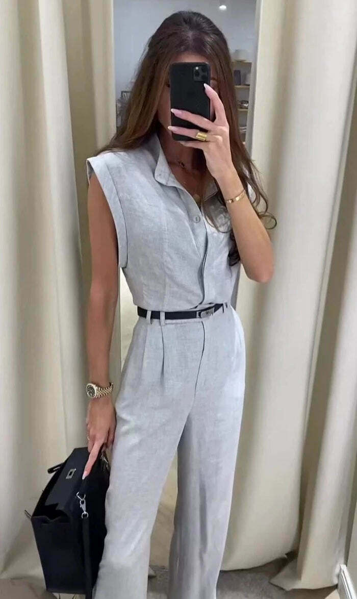 Y2K Fashion Sleeveless Lapel Belt Suit for Women - Coquette Aesthetic Grunge Style Y2K Fashion Sleeveless Lapel Belt Suit for Women - Coquette Aesthetic Grunge Style