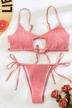 Y2K Fashion Solid Color Hollow Pleats Bikini - Coquette Aesthetic Grunge Style Retro Swimwear