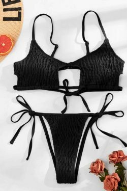 Y2K Fashion Solid Color Hollow Pleats Bikini - Coquette Aesthetic Grunge Style Retro Swimwear