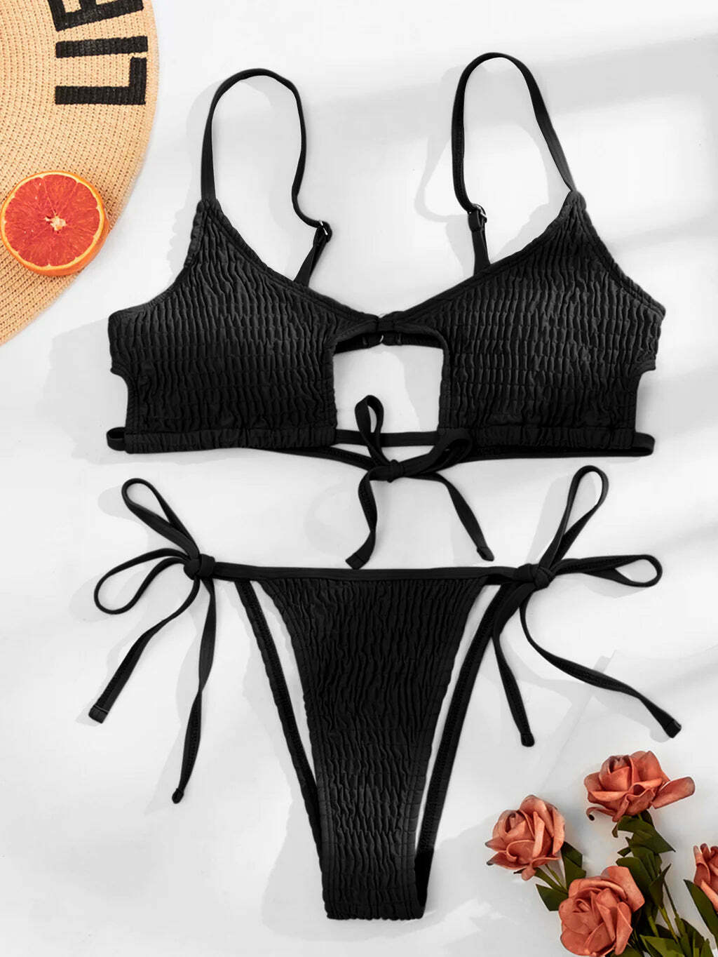 Y2K Fashion Solid Color Hollow Pleats Bikini - Coquette Aesthetic Grunge Style Retro Swimwear Y2K Fashion Solid Color Hollow Pleats Bikini - Coquette Aesthetic Grunge Style Retro Swimwear