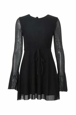 Y2K Fashion Solid Color Mesh Splice Backless Flare Sleeve Mini Dress