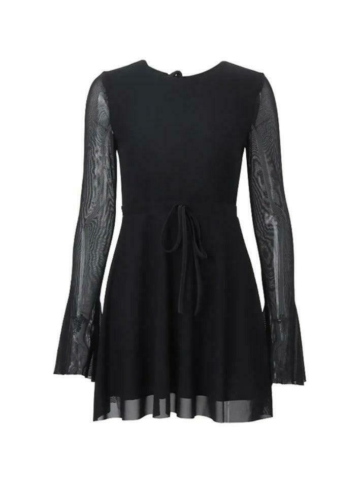 Y2K Fashion Solid Color Mesh Splice Backless Flare Sleeve Mini Dress