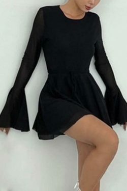 Y2K Fashion Solid Color Mesh Splice Backless Flare Sleeve Mini Dress