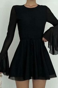 Y2K Fashion Solid Color Mesh Splice Backless Flare Sleeve Mini Dress