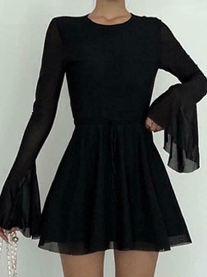 Y2K Fashion Solid Color Mesh Splice Backless Flare Sleeve Mini Dress