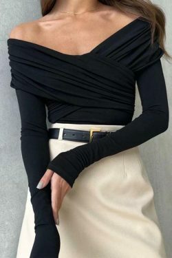 Y2K Fashion Solid Crossover Pleated Tee - Coquette Grunge Aesthetic Cute Tops & Cargo Skirt