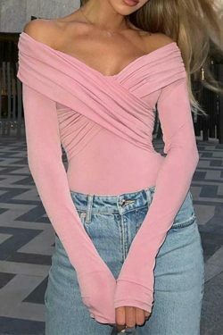 Y2K Fashion Solid Crossover Pleated Tee - Coquette Grunge Aesthetic Cute Tops & Cargo Skirt