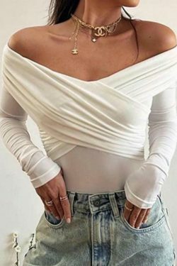 Y2K Fashion Solid Crossover Pleated Tee - Coquette Grunge Aesthetic Cute Tops & Cargo Skirt