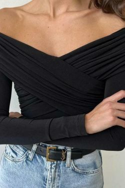 Y2K Fashion Solid Crossover Pleated Tee - Coquette Grunge Aesthetic Cute Tops & Cargo Skirt