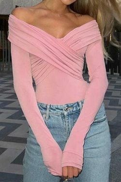 Y2K Fashion Solid Crossover Pleated Tee - Coquette Grunge Aesthetic Cute Tops & Cargo Skirt