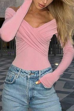 Y2K Fashion Solid Crossover Pleated Tee - Coquette Grunge Aesthetic Cute Tops & Cargo Skirt