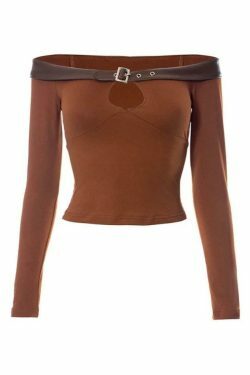 Y2K Fashion Solid Cutout Leather Splice Off Shoulder Long Sleeve Top
