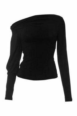 Y2K Fashion Solid One Shoulder Cutout Sleeve Long Sleeve Tee - Coquette Aesthetic Grunge Style