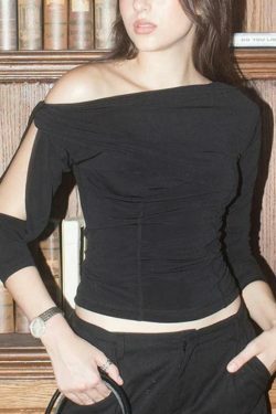Y2K Fashion Solid One Shoulder Cutout Sleeve Long Sleeve Tee - Coquette Aesthetic Grunge Style