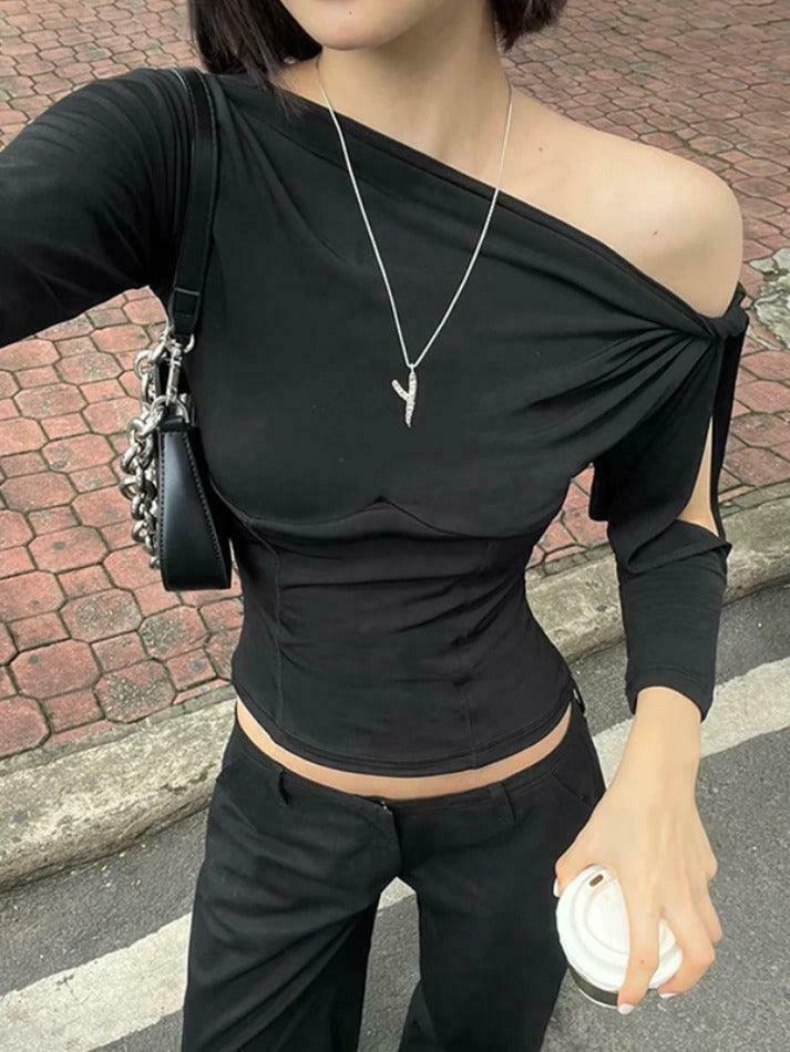 Y2K Fashion Solid One Shoulder Cutout Sleeve Long Sleeve Tee - Coquette Aesthetic Grunge Style Y2K Fashion Solid One Shoulder Cutout Sleeve Long Sleeve Tee - Coquette Aesthetic Grunge Style