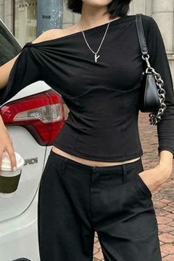 Y2K Fashion Solid One Shoulder Cutout Sleeve Long Sleeve Tee - Coquette Aesthetic Grunge Style