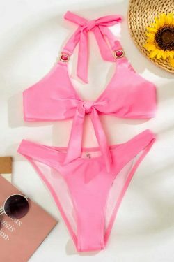 Y2K Fashion Split Gathered Deep V Tether Backless Bikini - Coquette Aesthetic Grunge Style