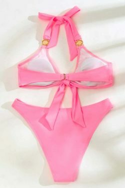 Y2K Fashion Split Gathered Deep V Tether Backless Bikini - Coquette Aesthetic Grunge Style