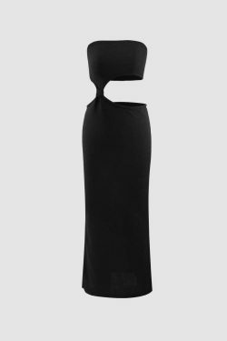 Y2K Fashion Strapless Cut Out Knot Detail Slit Midi Dress - Coquette Aesthetic Grunge Style