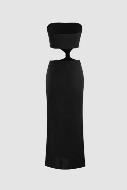 Y2K Fashion Strapless Cut Out Knot Detail Slit Midi Dress - Coquette Aesthetic Grunge Style
