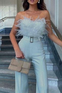 Y2K Fashion Strapless Feather Accent Wide Leg Jumpsuit - Coquette Aesthetic Grunge Style