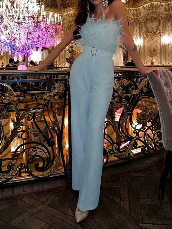 Y2K Fashion Strapless Feather Accent Wide Leg Jumpsuit - Coquette Aesthetic Grunge Style