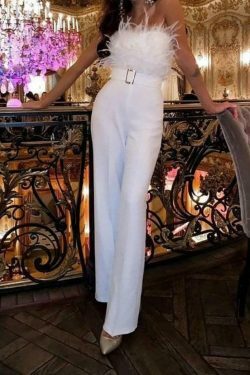 Y2K Fashion Strapless Feather Accent Wide Leg Jumpsuit - Coquette Aesthetic Grunge Style