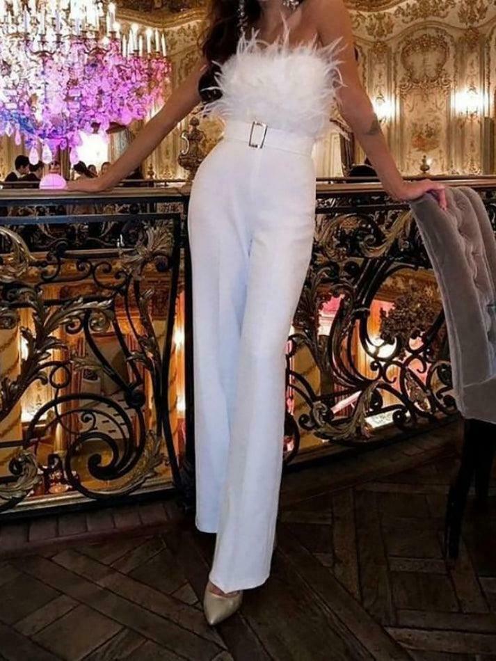 Y2K Fashion Strapless Feather Accent Wide Leg Jumpsuit - Coquette Aesthetic Grunge Style