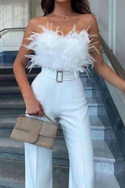 Y2K Fashion Strapless Feather Accent Wide Leg Jumpsuit - Coquette Aesthetic Grunge Style