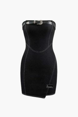 Y2K Fashion Strapless Mini Dress with Topstitching and Belt