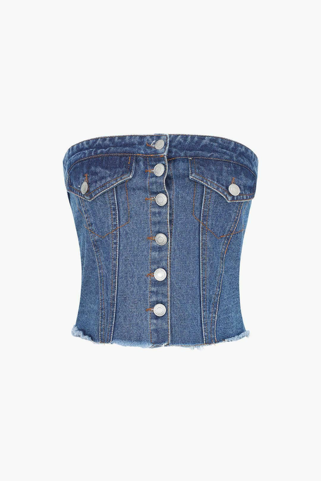 Y2K Fashion Strapless Top with Frayed Hem - Coquette Aesthetic, Grunge Style, Cute Tops