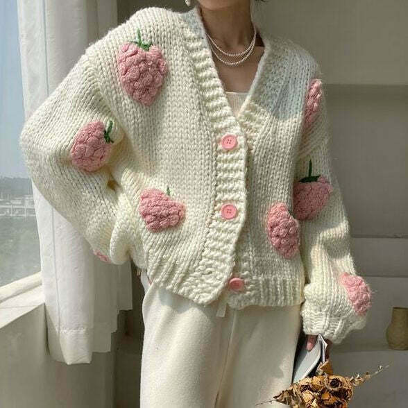 Y2K Fashion Strawberry Knitted Cardigan - Coquette Aesthetic Grunge Style Y2K Fashion Strawberry Knitted Cardigan - Coquette Aesthetic Grunge Style