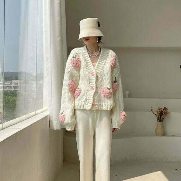 Y2K Fashion Strawberry Knitted Cardigan - Coquette Aesthetic Grunge Style Y2K Fashion Strawberry Knitted Cardigan - Coquette Aesthetic Grunge Style