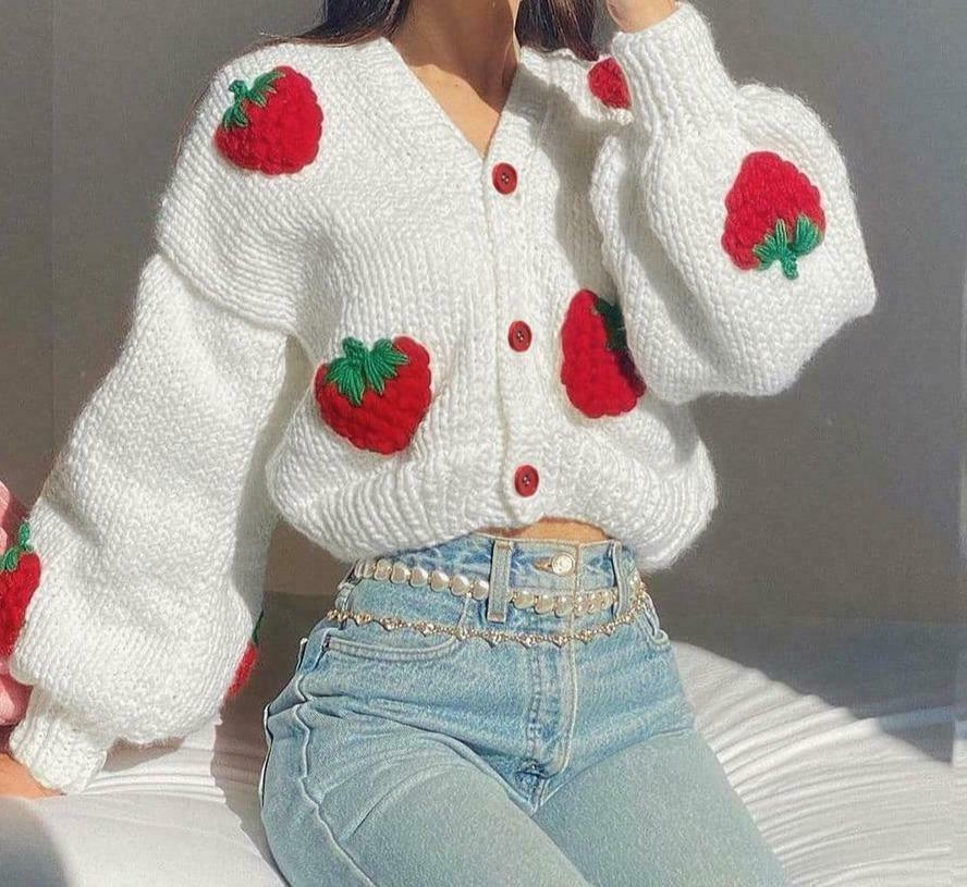 Y2K Fashion Strawberry Knitted Cardigan - Coquette Aesthetic Grunge Style Y2K Fashion Strawberry Knitted Cardigan - Coquette Aesthetic Grunge Style