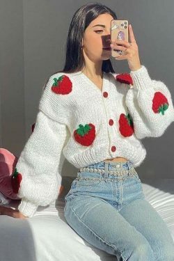 Y2K Fashion Strawberry Knitted Cardigan - Coquette Aesthetic Grunge Style