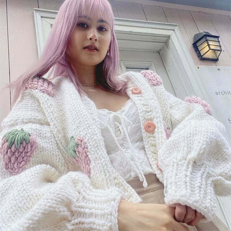 Y2K Fashion Strawberry Knitted Cardigan - Coquette Aesthetic Grunge Style Y2K Fashion Strawberry Knitted Cardigan - Coquette Aesthetic Grunge Style