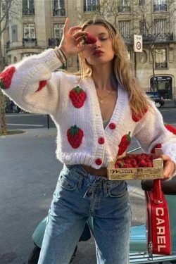 Y2K Fashion Strawberry Knitted Cardigan - Coquette Aesthetic Grunge Style