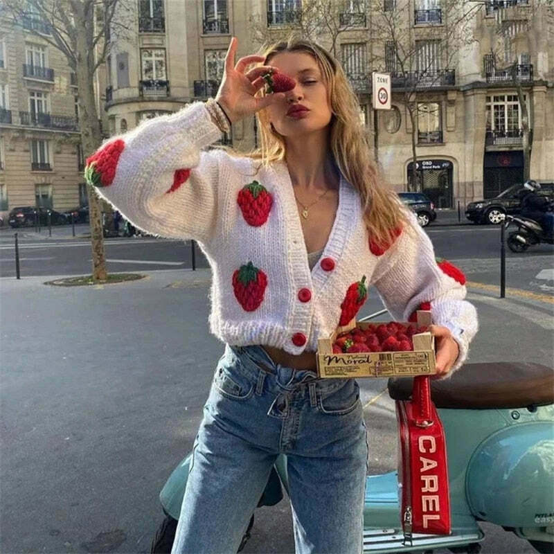 Y2K Fashion Strawberry Knitted Cardigan - Coquette Aesthetic Grunge Style Y2K Fashion Strawberry Knitted Cardigan - Coquette Aesthetic Grunge Style