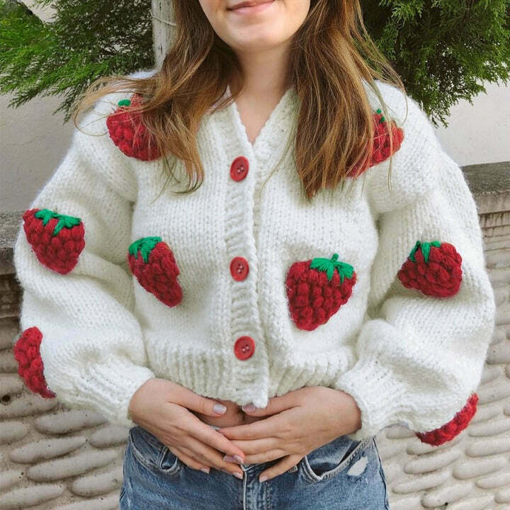 Y2K Fashion Strawberry Knitted Cardigan - Coquette Aesthetic Grunge Style Y2K Fashion Strawberry Knitted Cardigan - Coquette Aesthetic Grunge Style