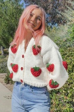 Y2K Fashion Strawberry Knitted Cardigan - Coquette Aesthetic Grunge Style