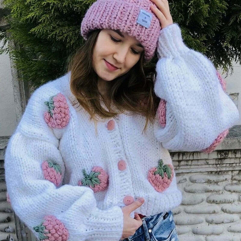 Y2K Fashion Strawberry Knitted Cardigan - Coquette Aesthetic Grunge Style Y2K Fashion Strawberry Knitted Cardigan - Coquette Aesthetic Grunge Style