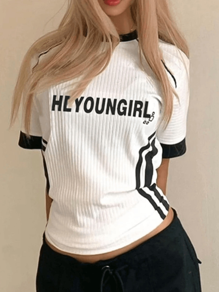 Y2K Fashion Street Color Contrast Stripe Short Sleeve Tee - Coquette Aesthetic Grunge Style